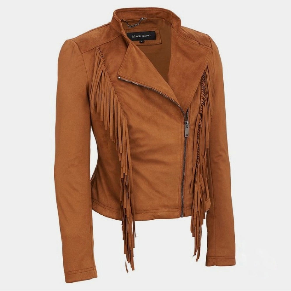 Black Rivet Stand Collar Faux Suede Fringe Jacket - Picture 2 of 8